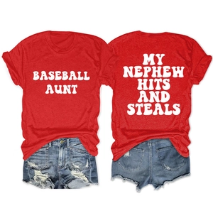 Front and back view of red Baseball Aunt T-shirt with denim shorts on white background