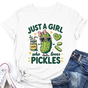 Just A Girl Who Loves Pickles T-Shirt Women Cotton Blend Short Sleeve Crew Neck Cartoon Graphic Casual Loose Top Apparel