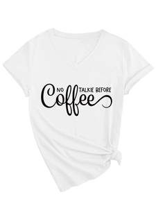 Detail of white V-neck T-shirt featuring NO TALKIE BEFORE COFFEE print and side knot