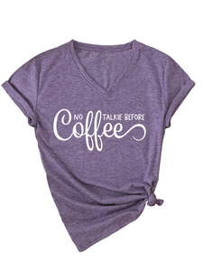 Detail of V-neck heather purple T-shirt with No Coffee Talkie Before slogan and knotted hem