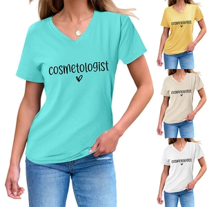 Detail of V-neck cosmetologist t-shirts in blue, yellow, beige and white color options