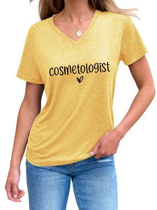 Detail of V-neck ginger cotton blend T-shirt featuring cosmetologist heart graphic print