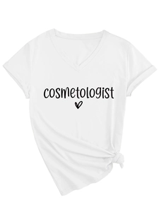 Detail of V-neck white cotton t-shirt featuring cosmetologist text and heart print