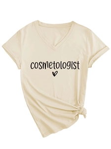 Close-up of beige V-neck T-shirt with cosmetologist text and stylish front hem knot