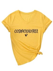 Detail of V-neck yellow cotton T-shirt with cosmetologist print and side knot design