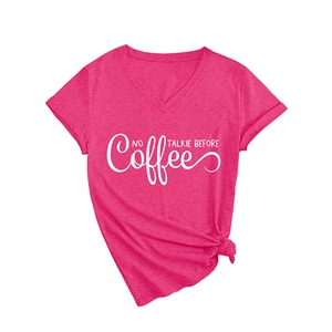 Women's V-neck coffee slogan t-shirt in rose pink with a stylish front hem knot detail
