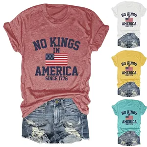 No Kings In America Since 1776 T-Shirt Femme Mélange Coton Col Rond Manches Courtes Drapeau Américain Vintage Haut Décontracté