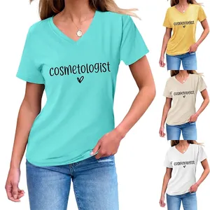 Women V Neck T-Shirt Short Sleeve Cosmetologist Heart Print Cotton Blend Casual Summer Fashion Top Loose Fit