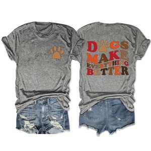 Detail of Dogs Make Everything Better print on grey short sleeve cotton t-shirt