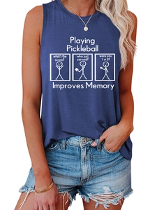 Détail de l'imprimé pickleball humoristique sur le t-shirt bleu sans manches