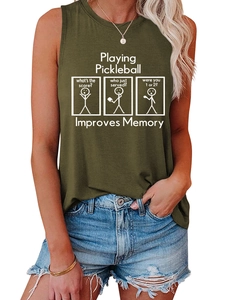 Détail du débardeur sans manches vert olive avec motif imprimé Playing Pickleball
