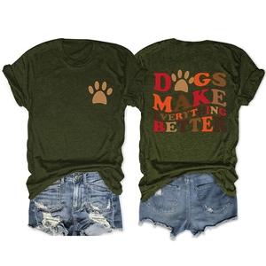 Detailed front and back views of an olive green cotton T-shirt with dog themed prints