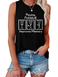 Détail de l'imprimé graphique pickleball sur débardeur noir sans manches pour femme