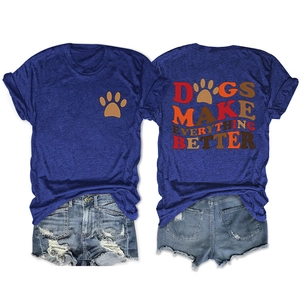Front and back view of blue crew neck t-shirt with dog paw and funny English quote