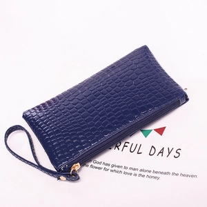Navy blue crocodile pattern PU leather long wallet clutch bag with a convenient wrist strap