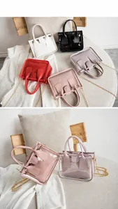 Detail showing various colors of the PVC transparent chain handbag with leather patchwork