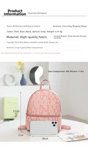 Detailed size specifications of a pink mini backpack with Lucky letter print decor