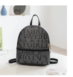 Close-up of Lucky Girl printed mini backpack with golden zipper detail in grey finish