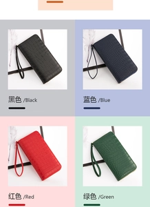 Crocodile pattern long wallets in black, blue, red, and green with wrist straps