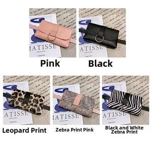 Detail view of five mini waist bags in pink, black, leopard and zebra prints with gold buckles