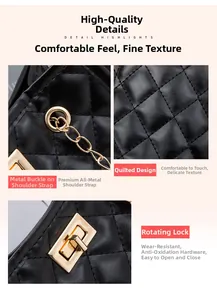 Detail of black quilted bucket bag featuring gold metal chain and rotary lock buckle