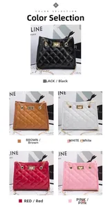 Quilted bucket bag color options including black brown white red and pink with gold chain