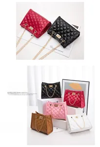 Detail of quilted bucket bags in five colors with golden chain straps and metal twist locks