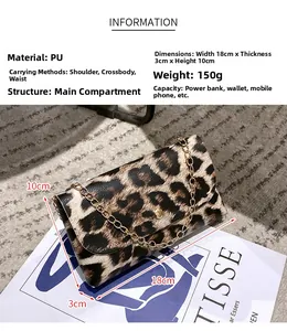 Detail of leopard print PU leather bag with gold chain and size measurement labels