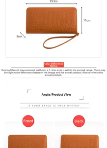 Detailed views of a brown crocodile texture wallet with wristlet and zipper closure