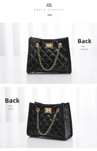 Quilted bucket bag with gold lock and chain strap showing front and back angle views