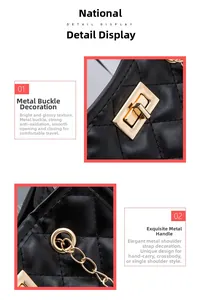 Close-up of black quilted leather bucket bag with gold hardware clasp and chain