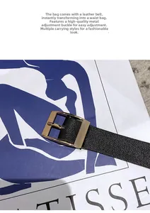 Detail of black lychee leather belt with adjustable gold metal buckle for waist bag