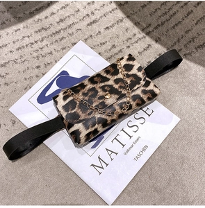 Detail of leopard print mini waist bag with gold chain and black leather belt on a book