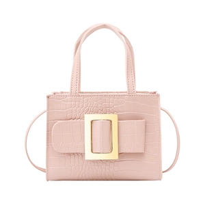 Pink crocodile pattern leather handbag with iconic large gold square buckle