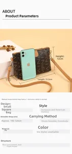Detail view of printed crossbody bag with dimensions 21.5x12x5.5cm and phone size comparison