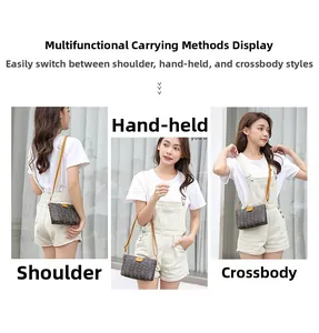 Brown mini phone bag with print patterns showing crossbody and handheld carrying styles