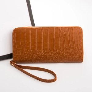 Brown crocodile embossed long zipper wallet with wrist strap for women elegant style