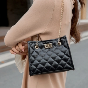 Women Quilted Rhombus PU Leather Shoulder Bag Gold Chain Strap Turn Lock Crossbody Bucket Bag Elegant Casual Daily Purse