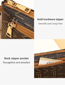 Detail of golden metal zipper and back zipper pocket on the textured leather phone bag