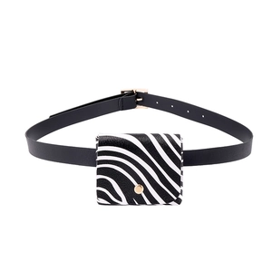Women zebra print waist bag with black faux leather belt and gold buckle accessory