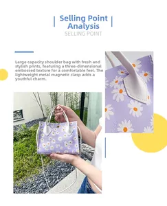 Detail van bloemen draagtas met madeliefjesprint, magneetsluiting en kwalitatieve stiksels