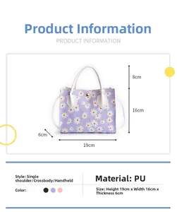 Gedetailleerde maattabel van de paarse PU-handtas met madeliefjesprint en handvaten
