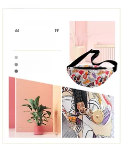 Detail of colorful sneaker print waist bag featuring adjustable strap and gold metal zipper
