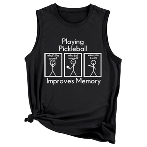 Détail du débardeur noir sans manches en coton avec graphisme humoristique de pickleball