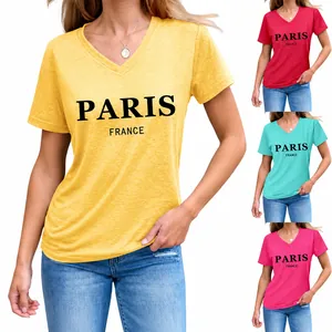 Camiseta De Mujer Con Cuello En V Manga Corta Mezcla De Algodón Paris France Estampado De Letras Top Casual Holgado