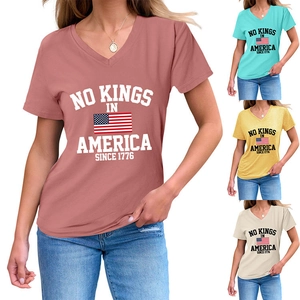 Collage of women's V-neck T-shirts in four colors with USA flag and text print