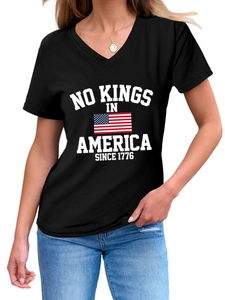 Detail of V-neck T-shirt with No Kings in America print and American flag pattern
