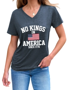 Detail of V-neck collar and American flag print on a dark gray cotton blend t-shirt
