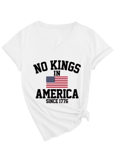 Detail of white V-neck cotton T-shirt with No Kings In America 1776 print and knotted hem