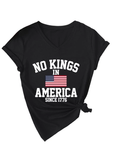 Detail of V-neck cotton T-shirt featuring No Kings In America 1776 print and front knot tie